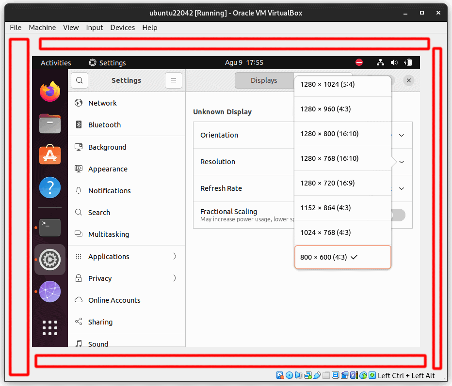 VirtualBox Ubuntu VM - Display Settings (800 x 60)