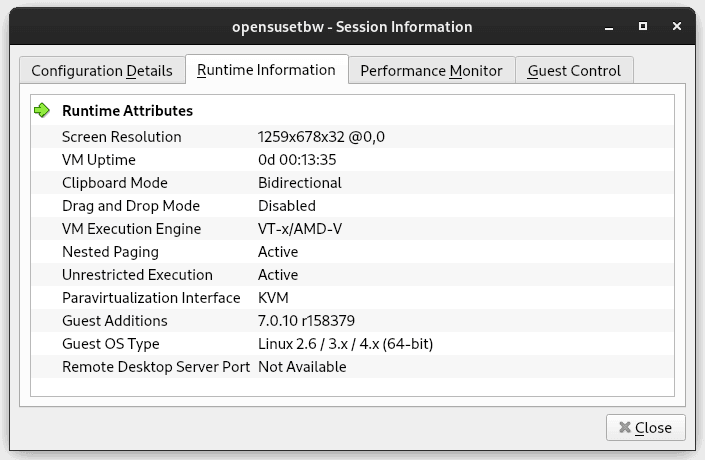 VirtualBox openSUSE VM - Session Information