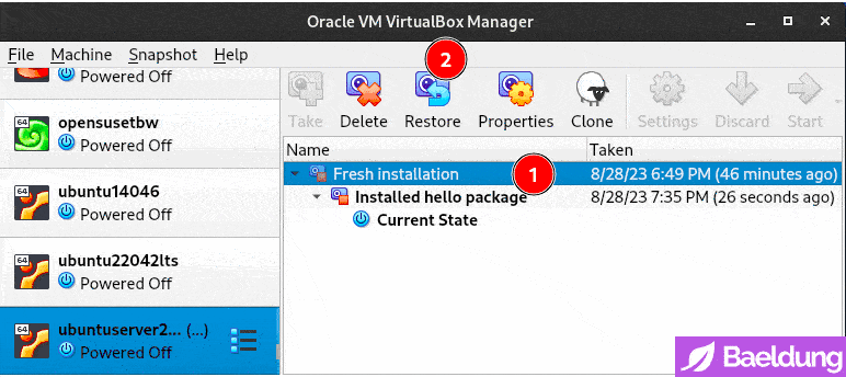 VirtualBox VM - Ubuntu Server - Restore Snapshot 1