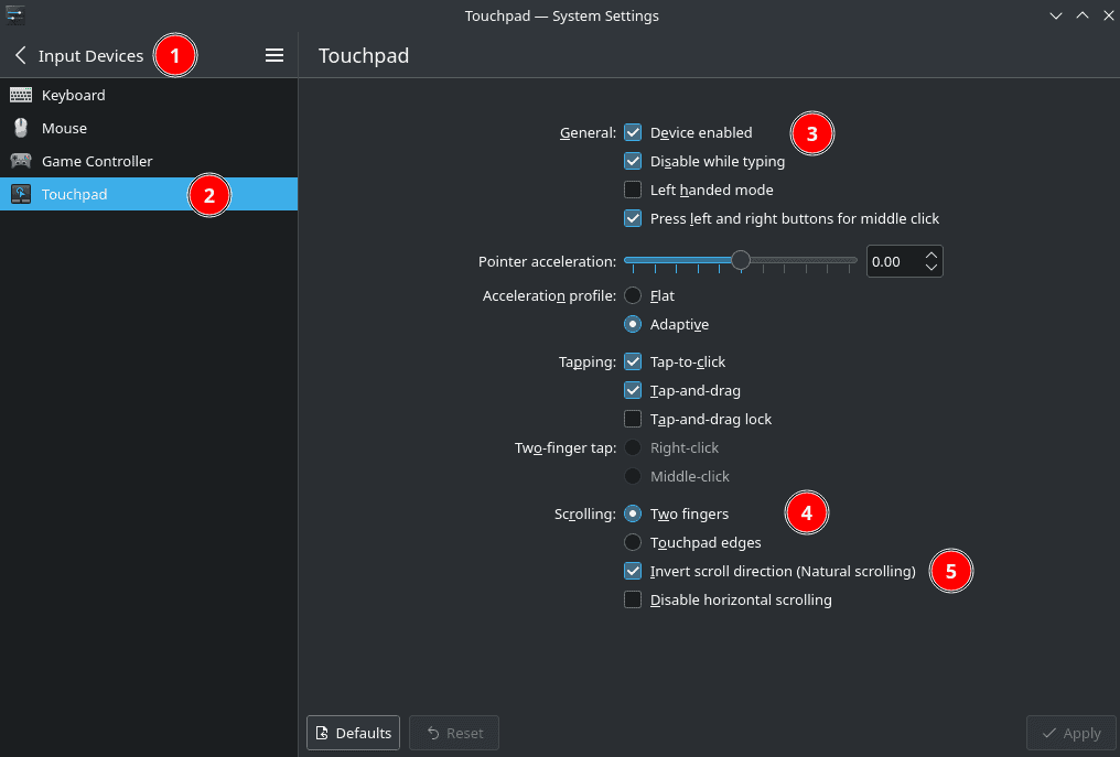 KDE Settings - Mouse and Touchpad
