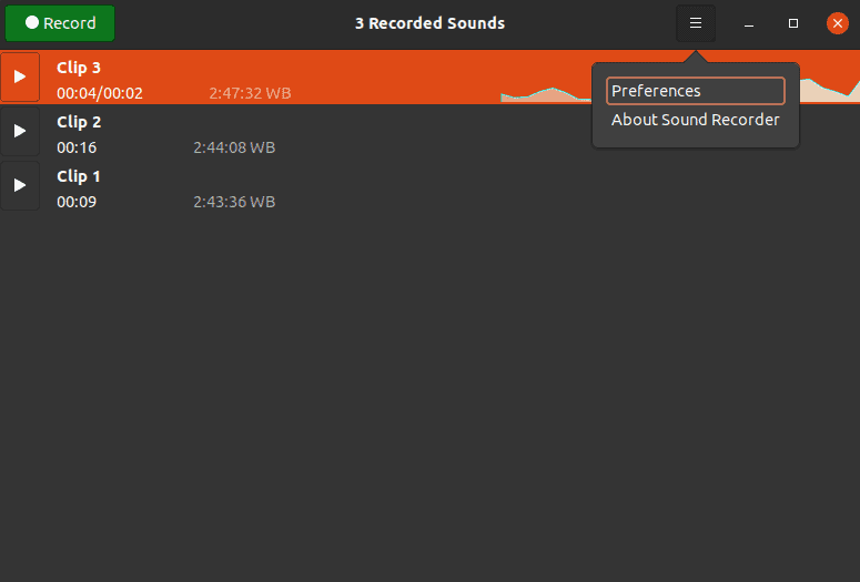 GNOME Sound Recorder Preferences option from main window dropdown 