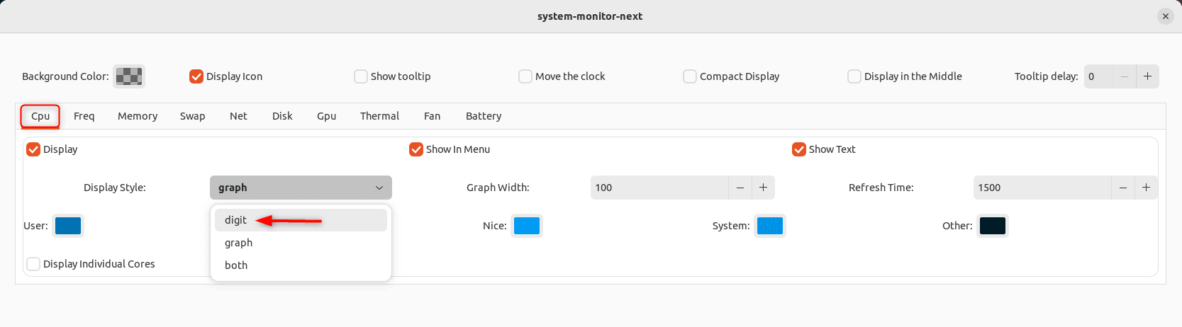 Setting digit view for CPU usage on system-monitor-next on Linux