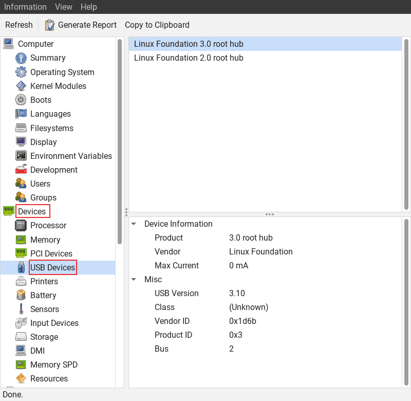 USB devices details on the hardinfo tool