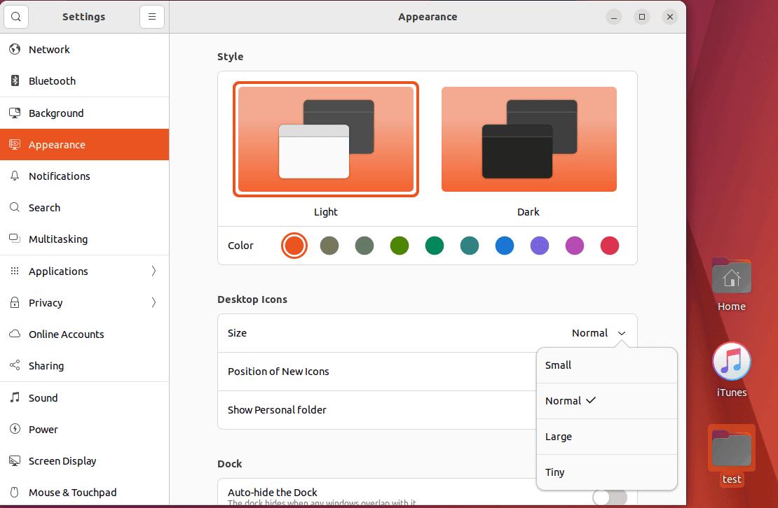adjusting desktop icon size to normal using system settings