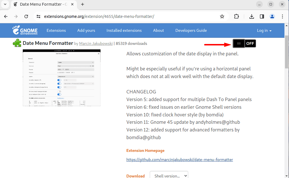 downloading date menu formatter extension on linux