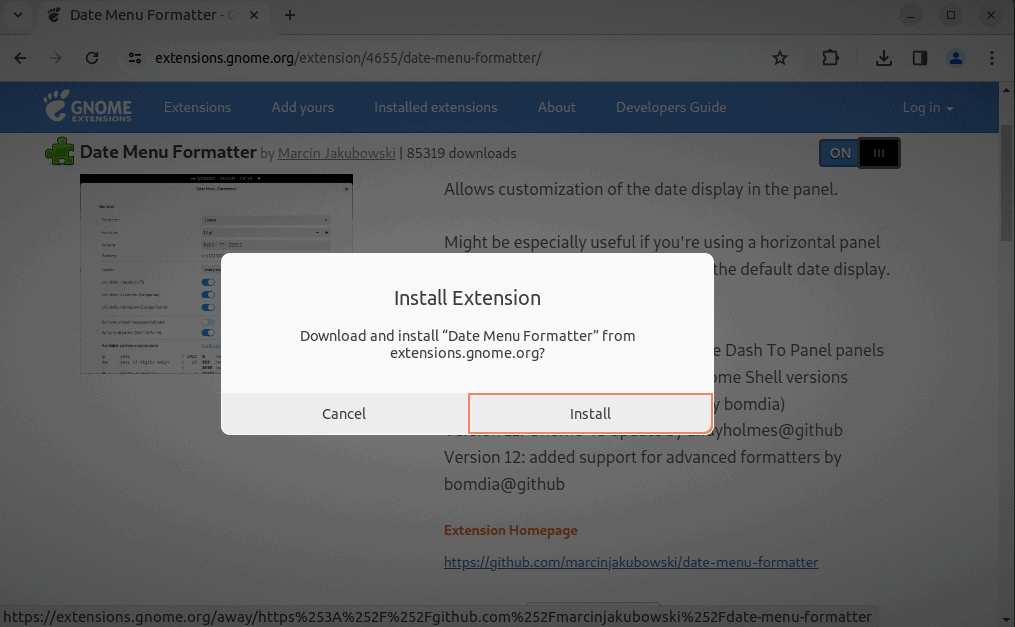 installing date menu formatter extension on linux