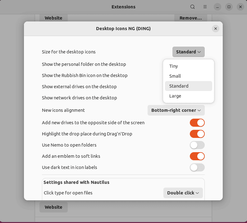 setting standard desktop icon size using desktop icons ng extension