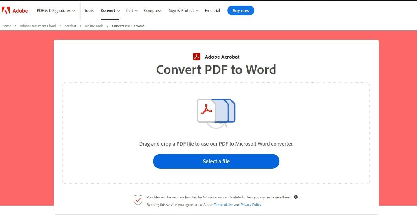 Adobe PDF to Word Converter homepage