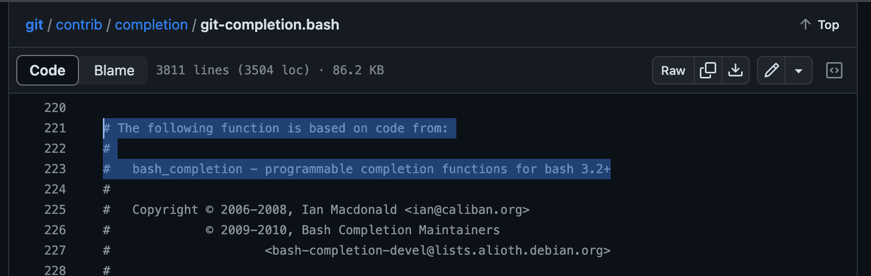 Git completion script mentioning bash completion