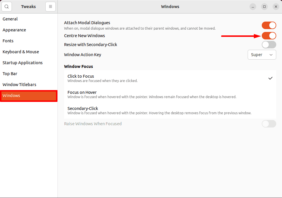 enabling center new windows option in tweaks