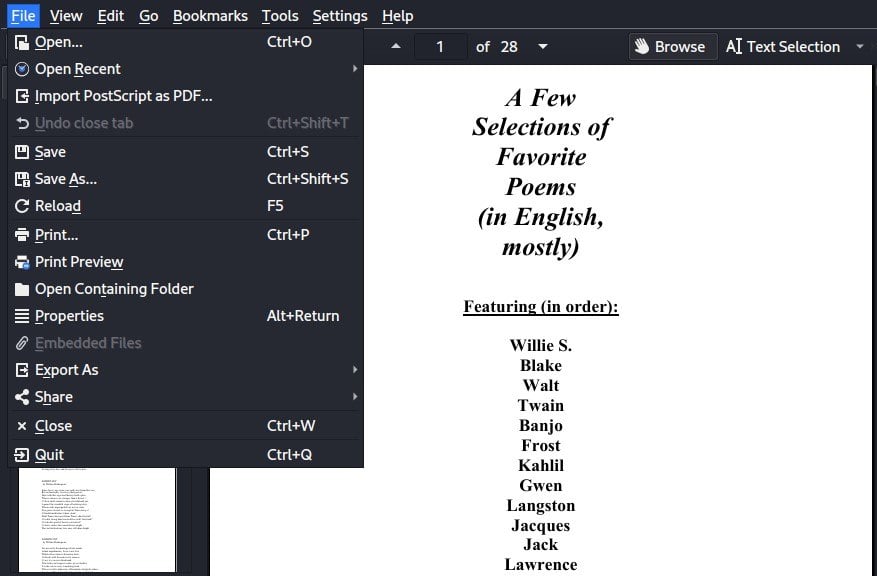 Converting the PDF file to Word format using Okular