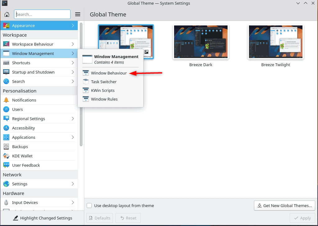 opening window management settings on plasma linux