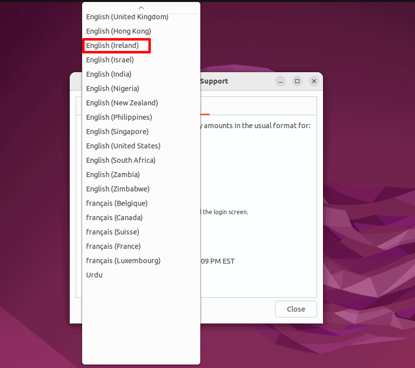 selecting English (ireland) as regional format in linux