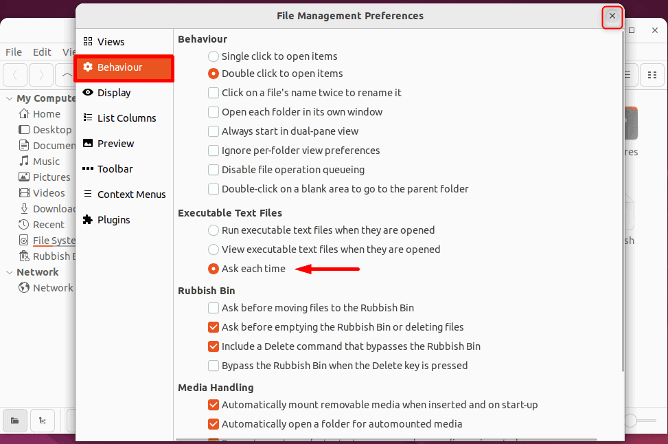 setting executable text files options on linux