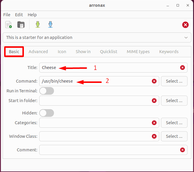 setting title and command for the starter for cheese application