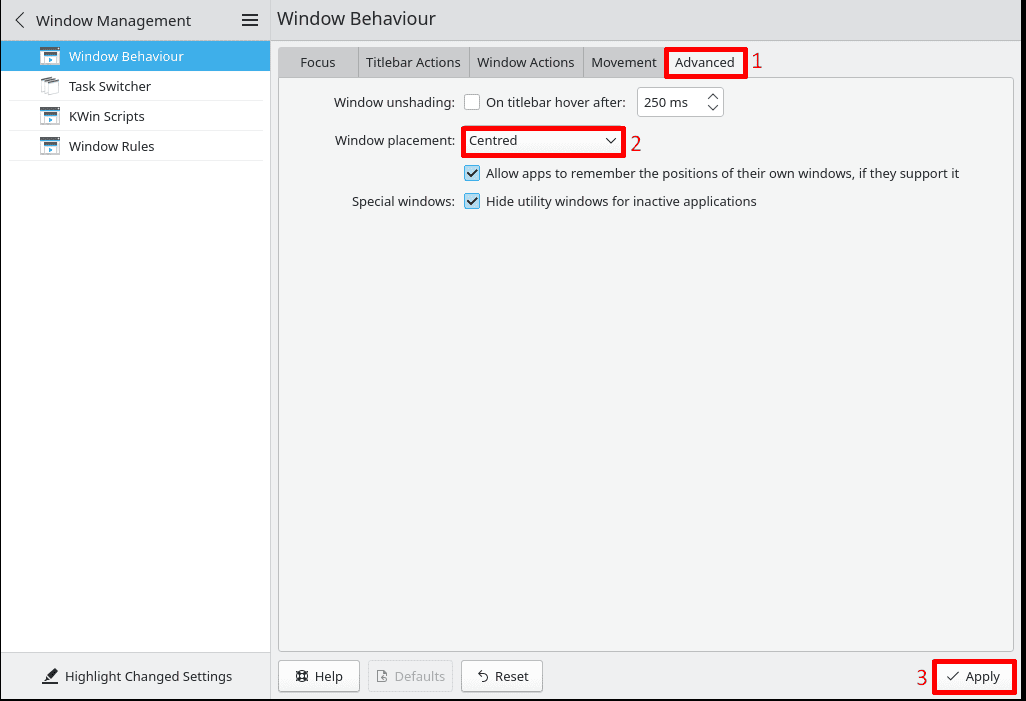 setting window at the center of screen in plasma