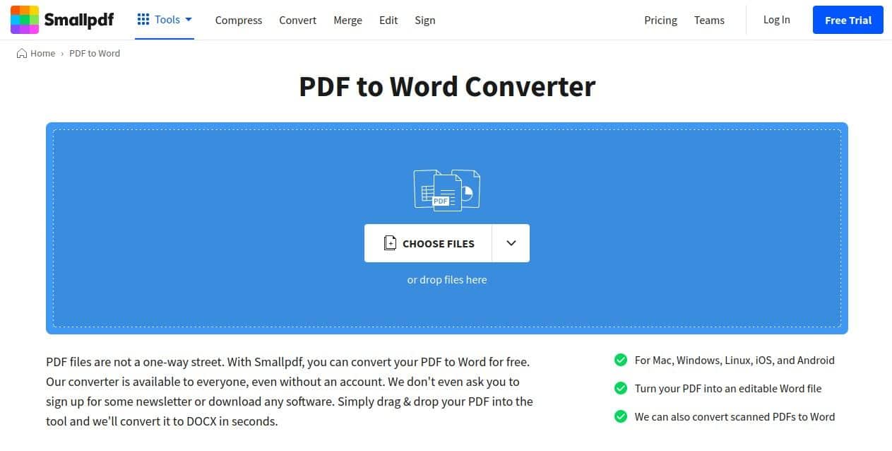 Smallpdf PDF to Word converter web page