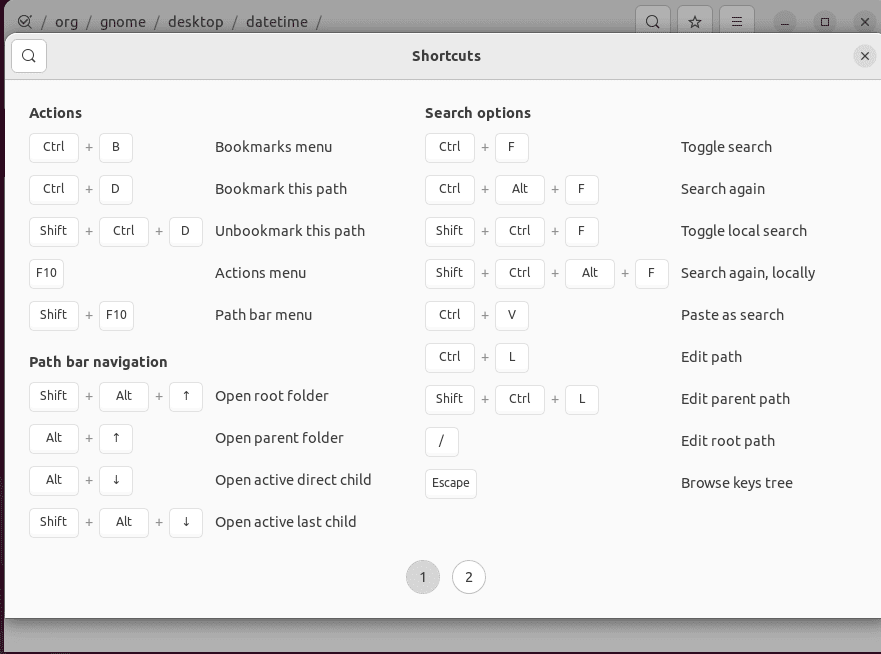 viewing dconf editor shortcuts first page