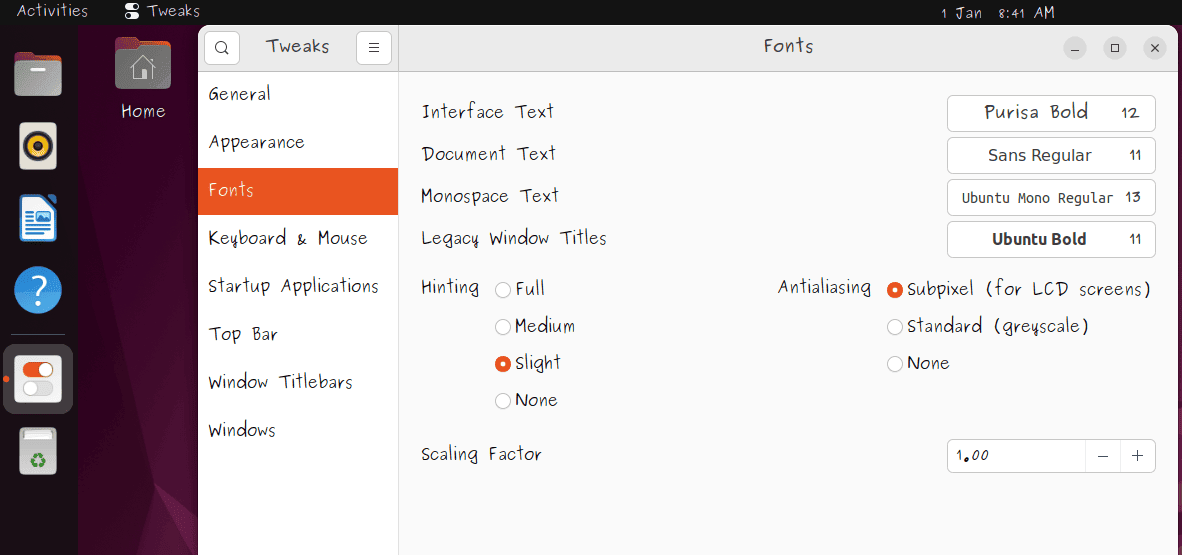 viewing font and its size changes using tweaks on linux