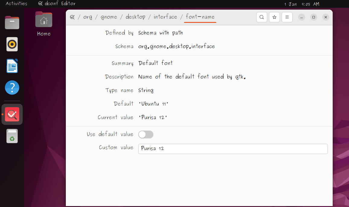 viewing font and size effect using dconf editor on linux