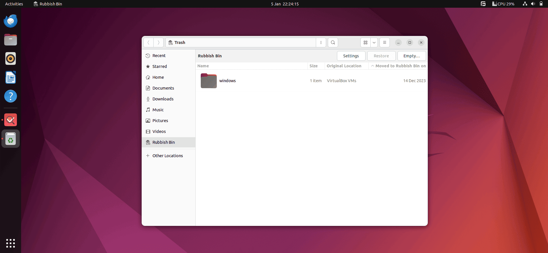 viewing rubbish bin at the center of the screen in linux