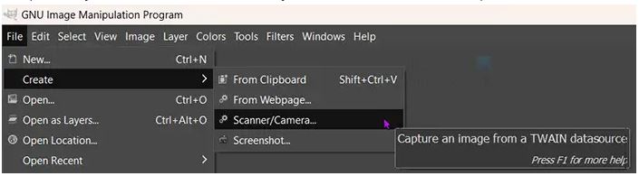 GIMP Interface Showing Scanning steps