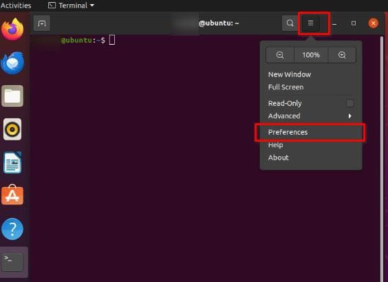 Click Setting on Terminal to Open Preferences in Ubuntu