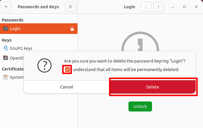 delete default keyring