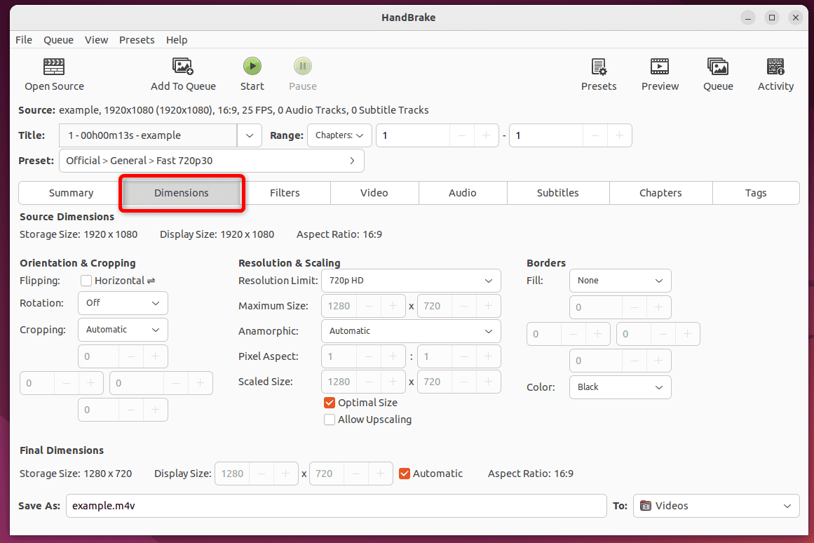 specifying custom dimensions to our sample video in handbrake tool