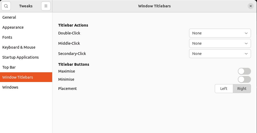 Navigating to windows titlebars section of Tweaks in Linux