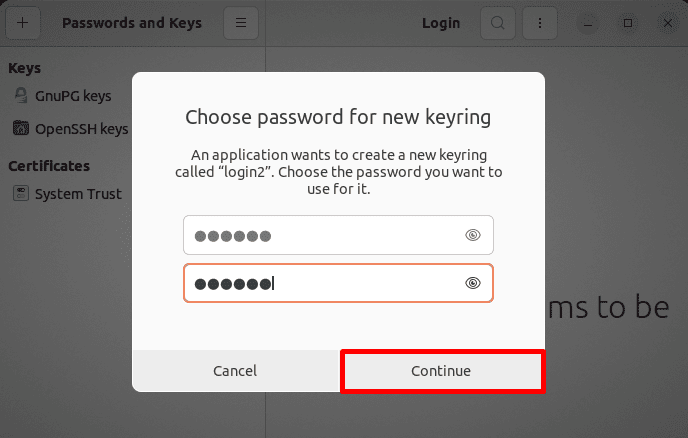 set new keyring password
