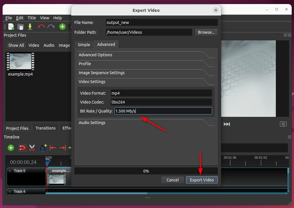 specifying bitrate and experimenting with other advanced setting in openshot export window
