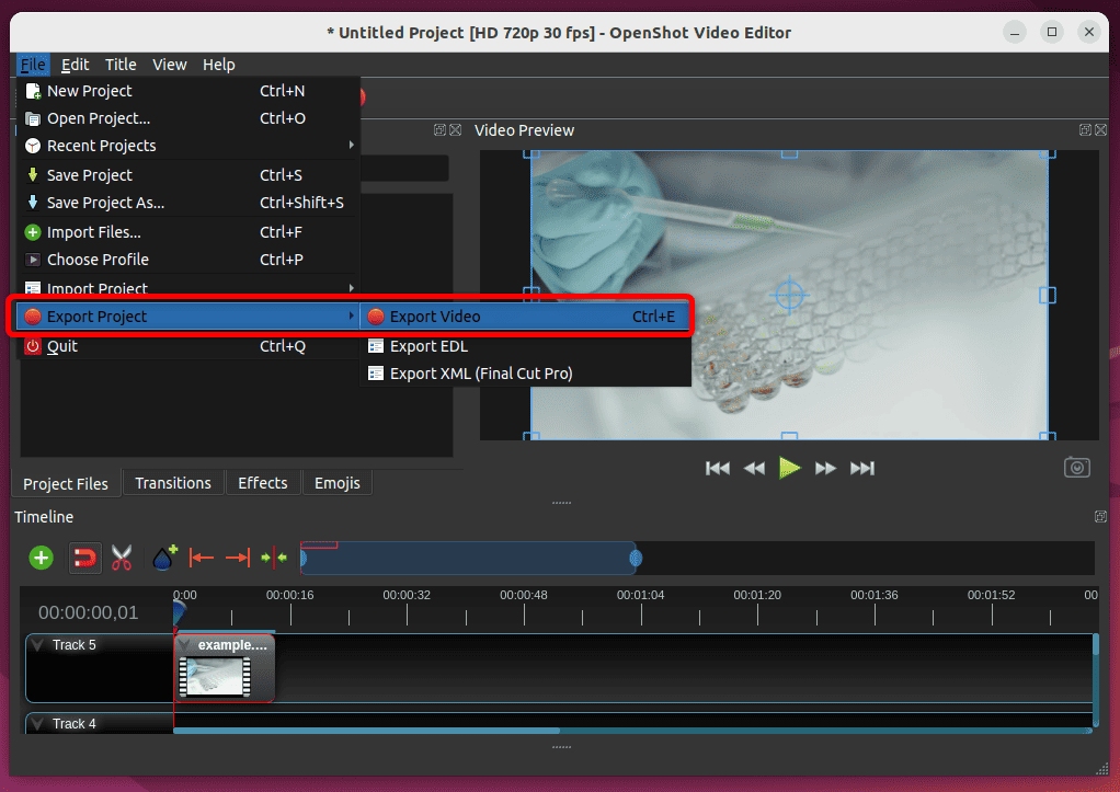 exporting video in openshot linux tool