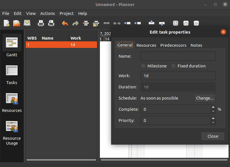 Task properties GNOME Planner