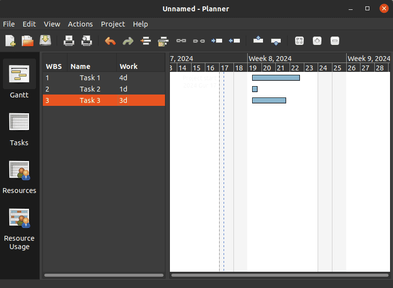 Tasks View with Gantt chart selected for GNOME Planner