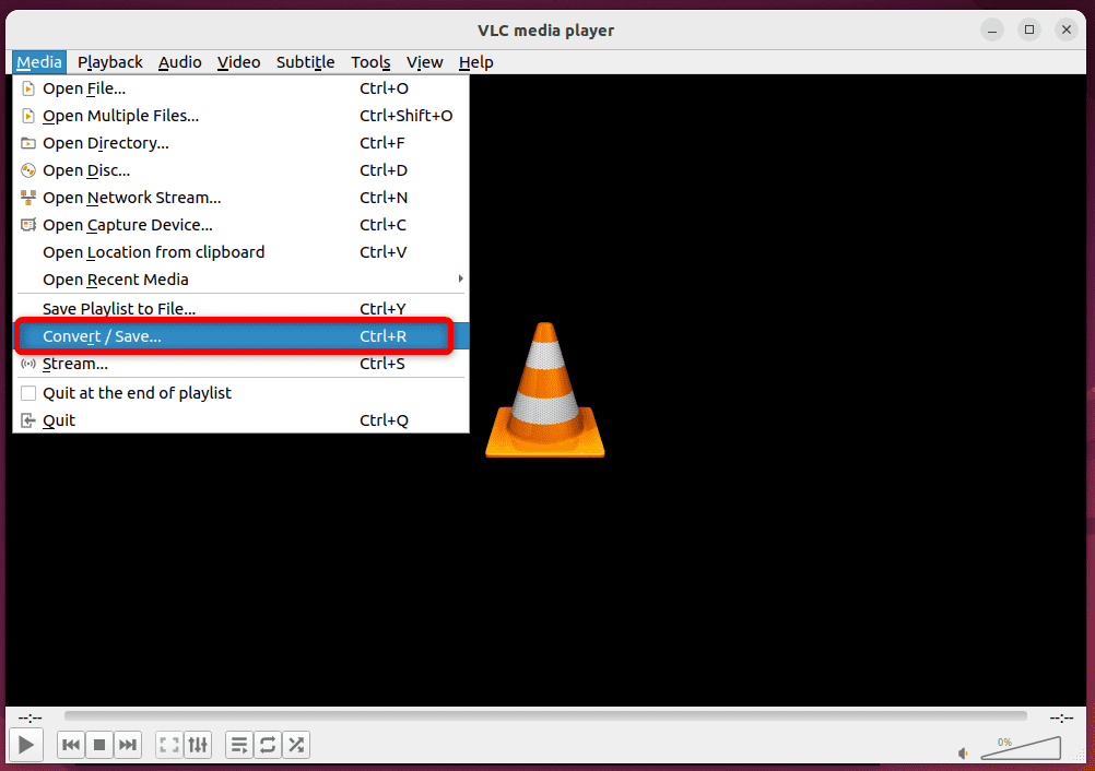 opening convert/save window of VLC Linux tool
