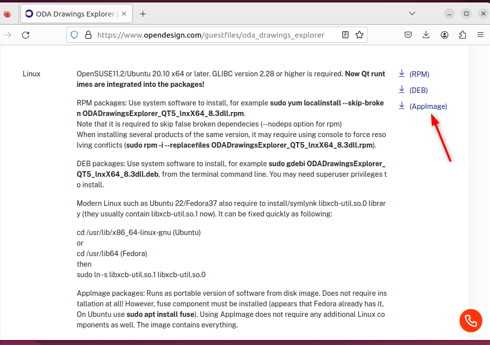 downloading appimage of ODA drawing explorer