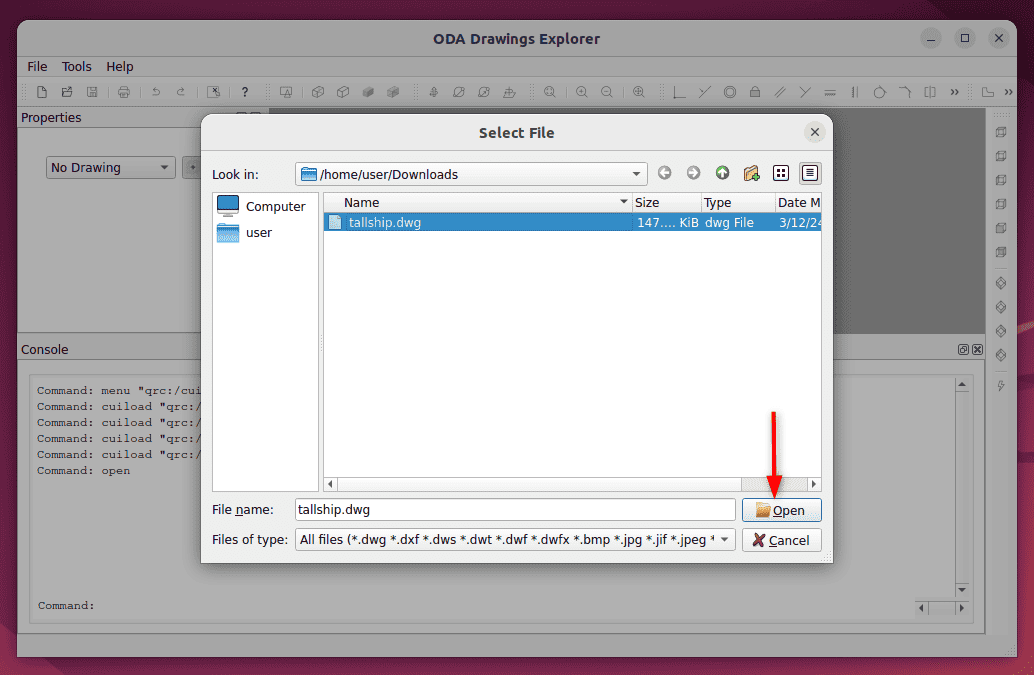 selecting .dwg file from the nautilus file manger in ODA drawings explorer