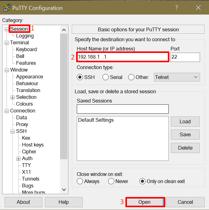 PuTTY SSH session