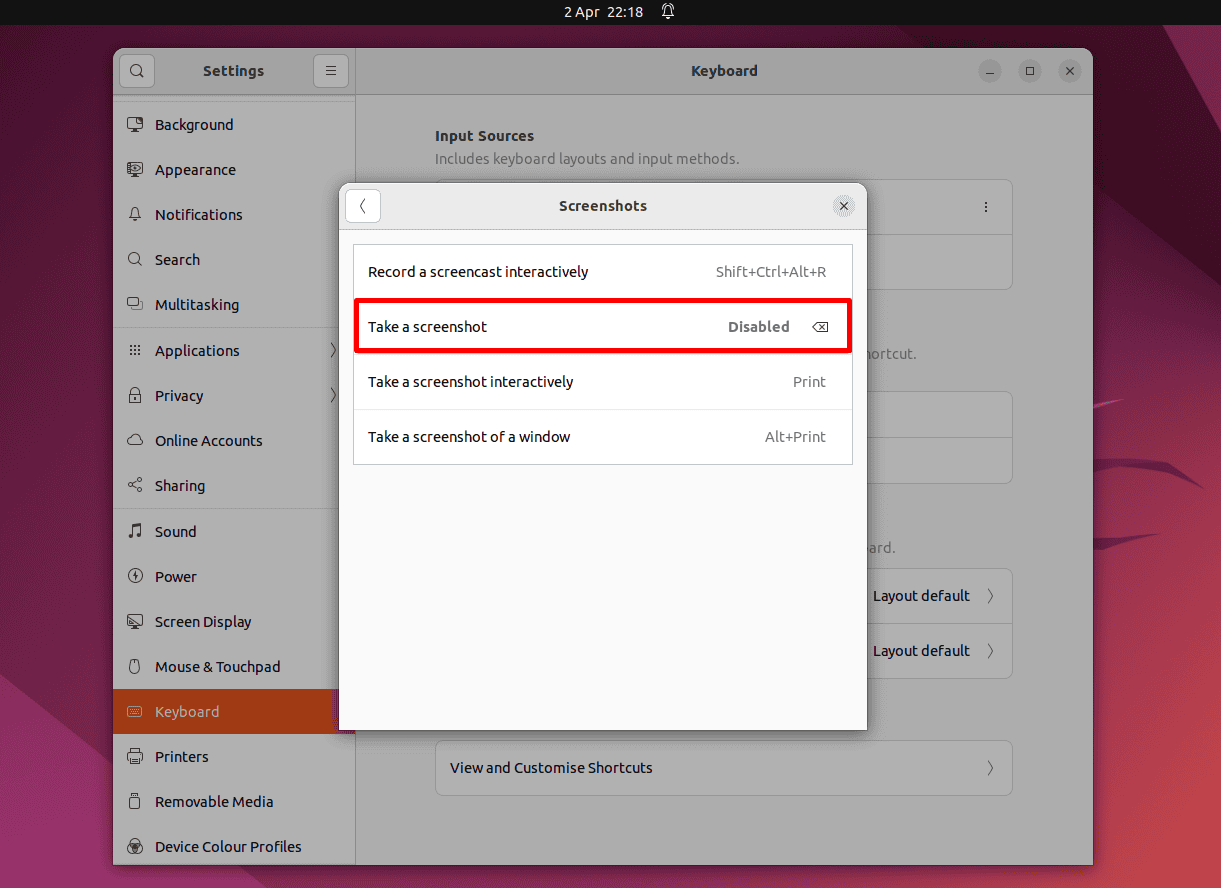 Viewing Disabled Screenshot Shortcut in Linux