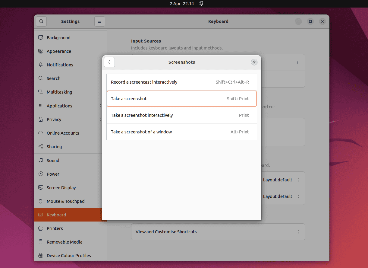 Viewing Shortcut for Taking a Screenshot in Linux