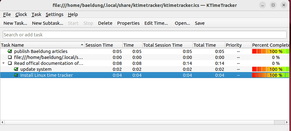 Interface of KTimeTracker time tracker tool