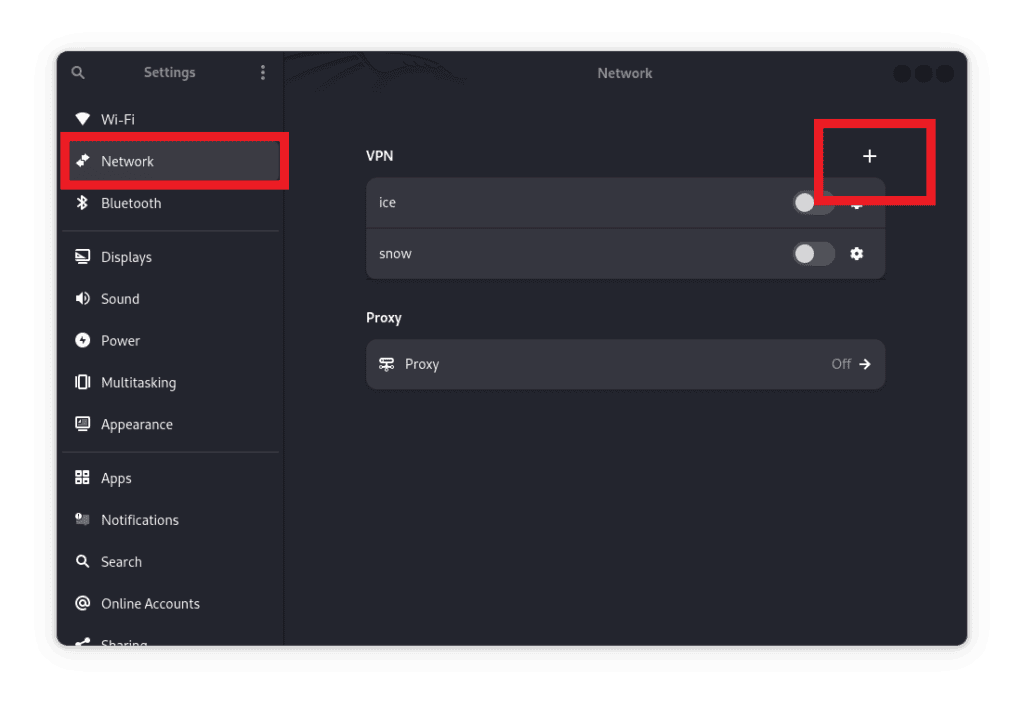 image showing network settings