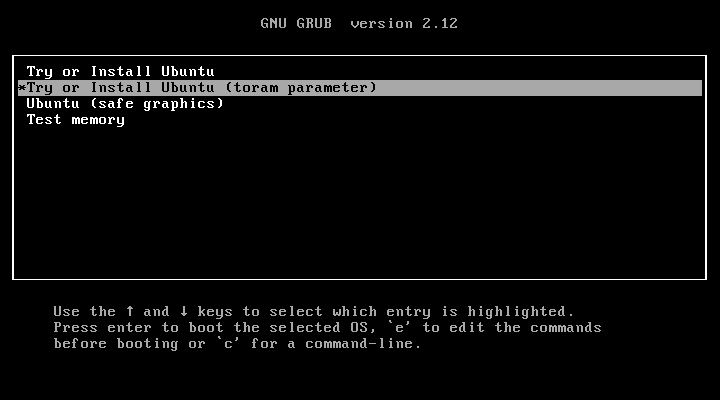 Ubuntu GRUB screen with custom toram entry