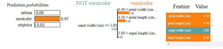 LIME explainer, Iris dataset, local explanation