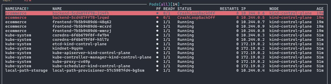 the main pane at the bottom region showing the default resource, the pods. The pane list all the pods in all the namespaces on the current cluster. 