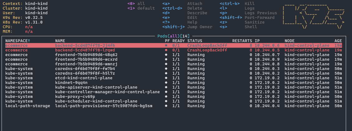 Overview of the k9s terminal user-interface. The screen can be separated into two regions: the top header region and the bottom main pane