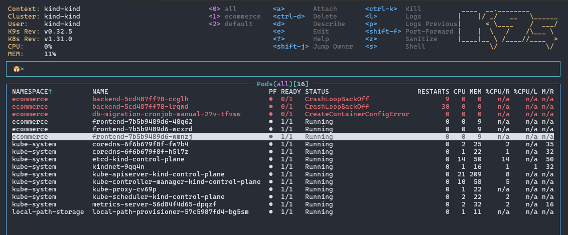 the k9s in command mode, whereby an additional input box pops up above the main pane for entering commands