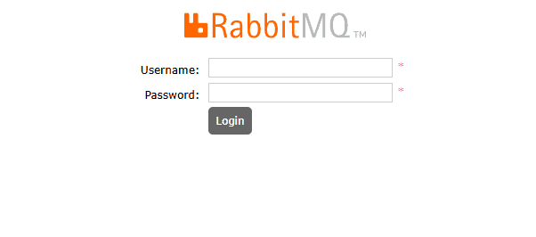 RabbitMQ Management console landing page showing the username and password text boxes, requesting for credentials
