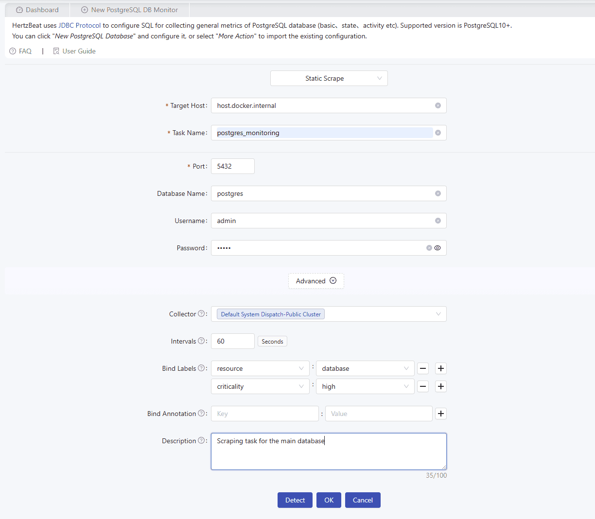 Apache HertzBeat new monitor form. In the form, we are asked about the connection details, the scraping policy, and optionally define some labels.